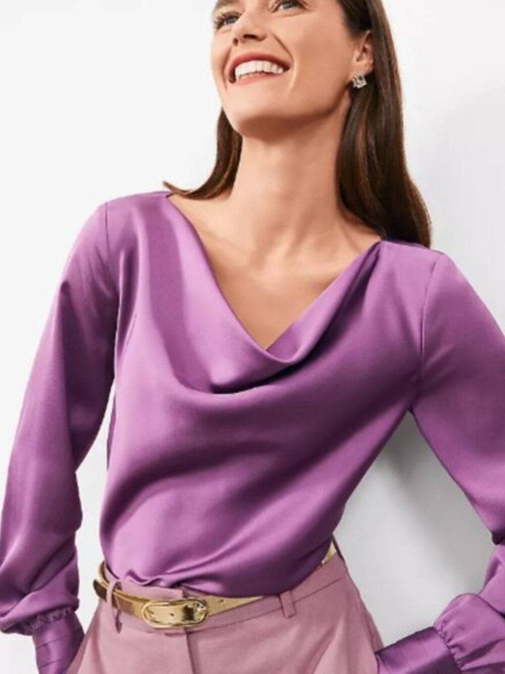 Ann Taylor Satin Cowl Neck Blouse in Purple, Size XL